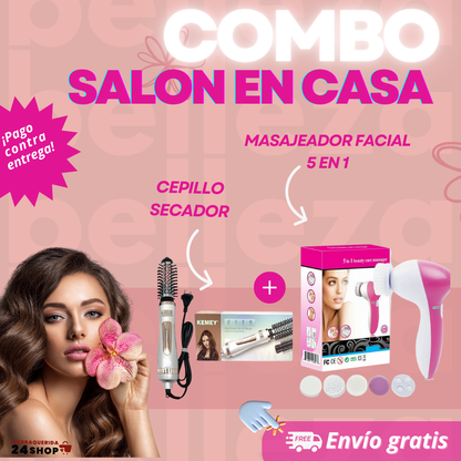 COMBO CEPILLO SECADOR + MASAJEADOR FACIAL 5 EN 1